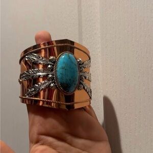 Genuine COPPER, SS, and Turquoise Feather Cuff Bracelet